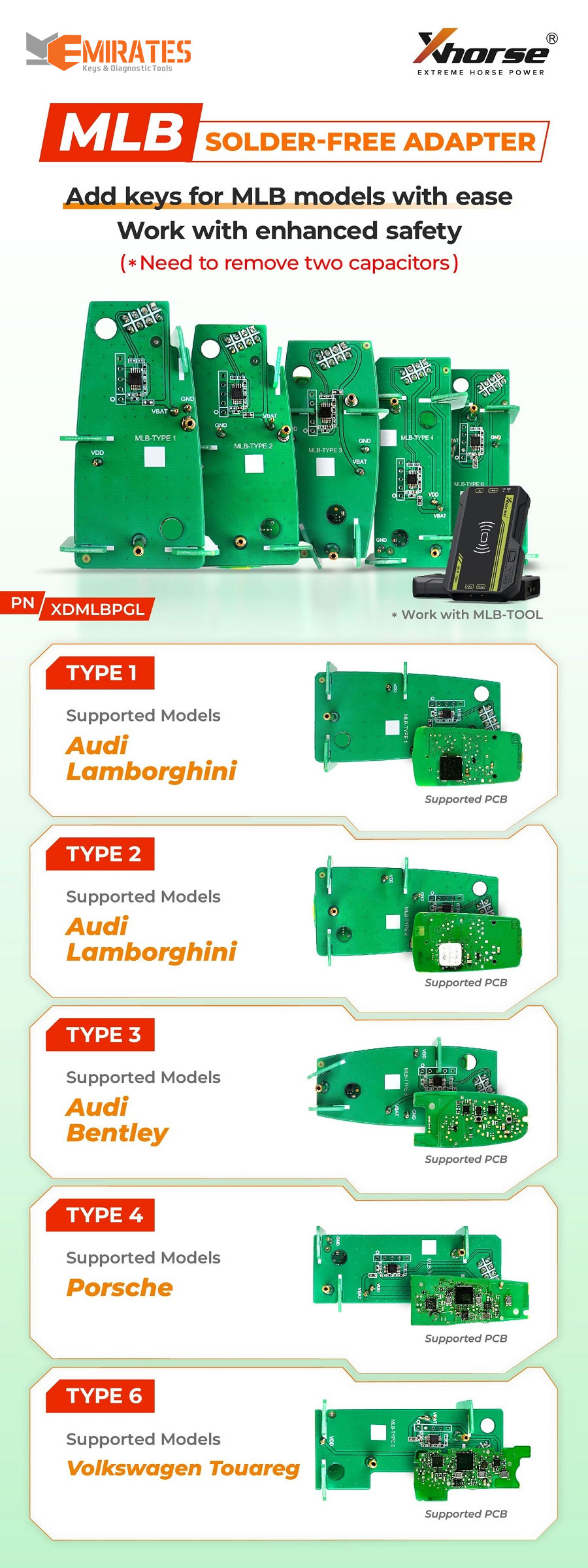New Xhorse XDMLBPGL MLB Tool Solder-free Adapter Kit For Audi, Lamborghini, Bentley, Porsche, VW Touareg work with MLB-Tool for Key Tool Plus / VVDI2 | Emirates Keys