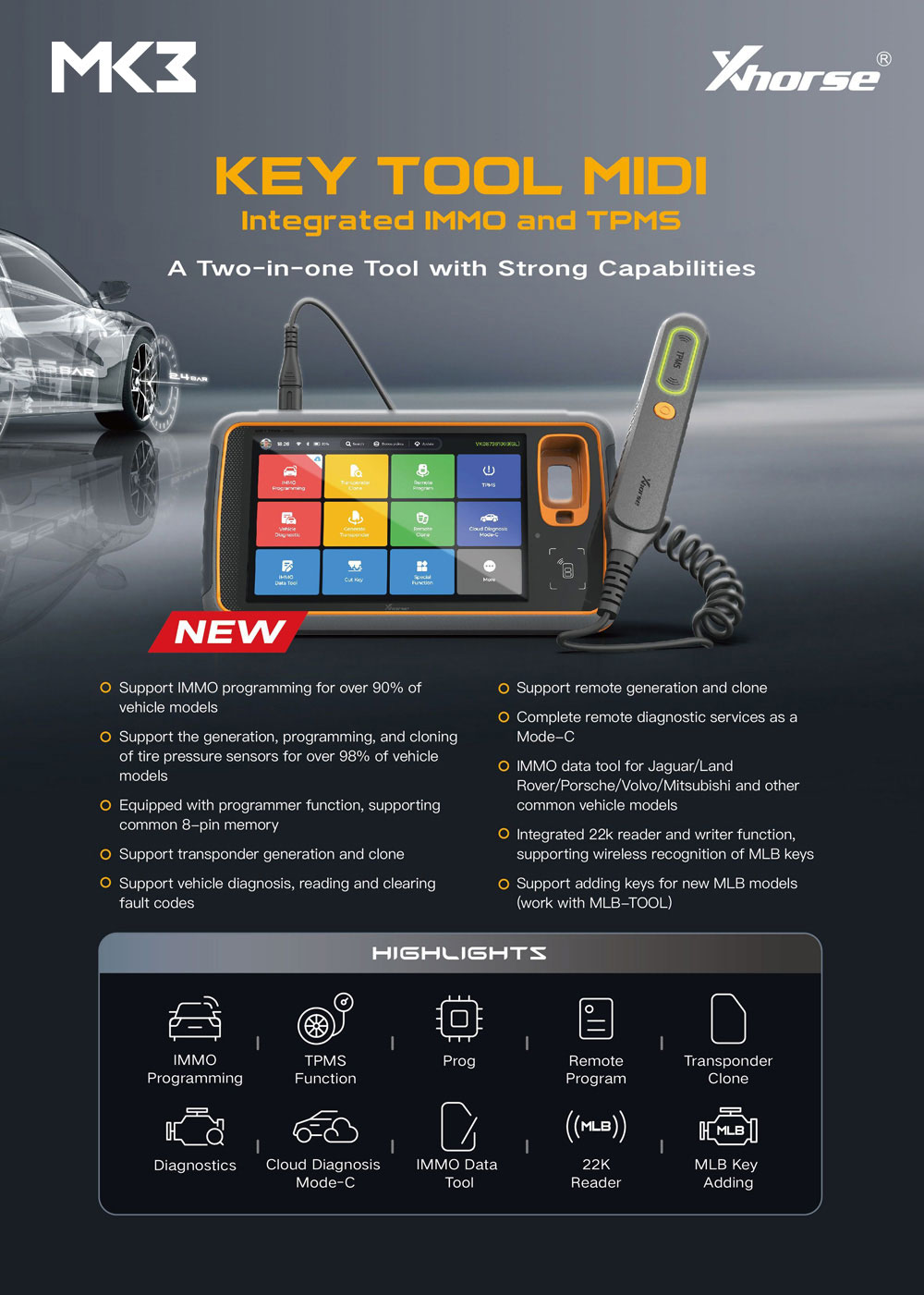 New Xhorse Key Tool MIDI All-in-One IMMO / TPMS / Programming / Diagnostics Tool Basic Version | Emirates Keys