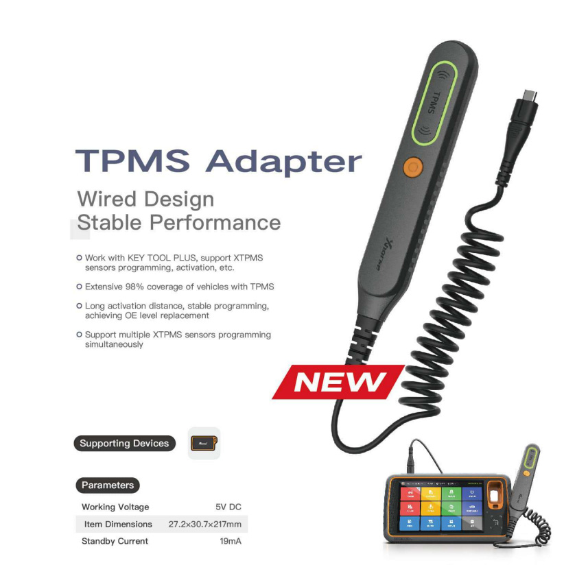 Supports TPMS Function with the Xhorse TPMS Adapter.   Ssupports XTPMS sensors (programming, activation, etc.).  98% vehicle coverage for TPMS systems.  Long activation range, stable programming, OE-level replacement capability.  Supports multiple XTPMS sensors programming simultaneously.