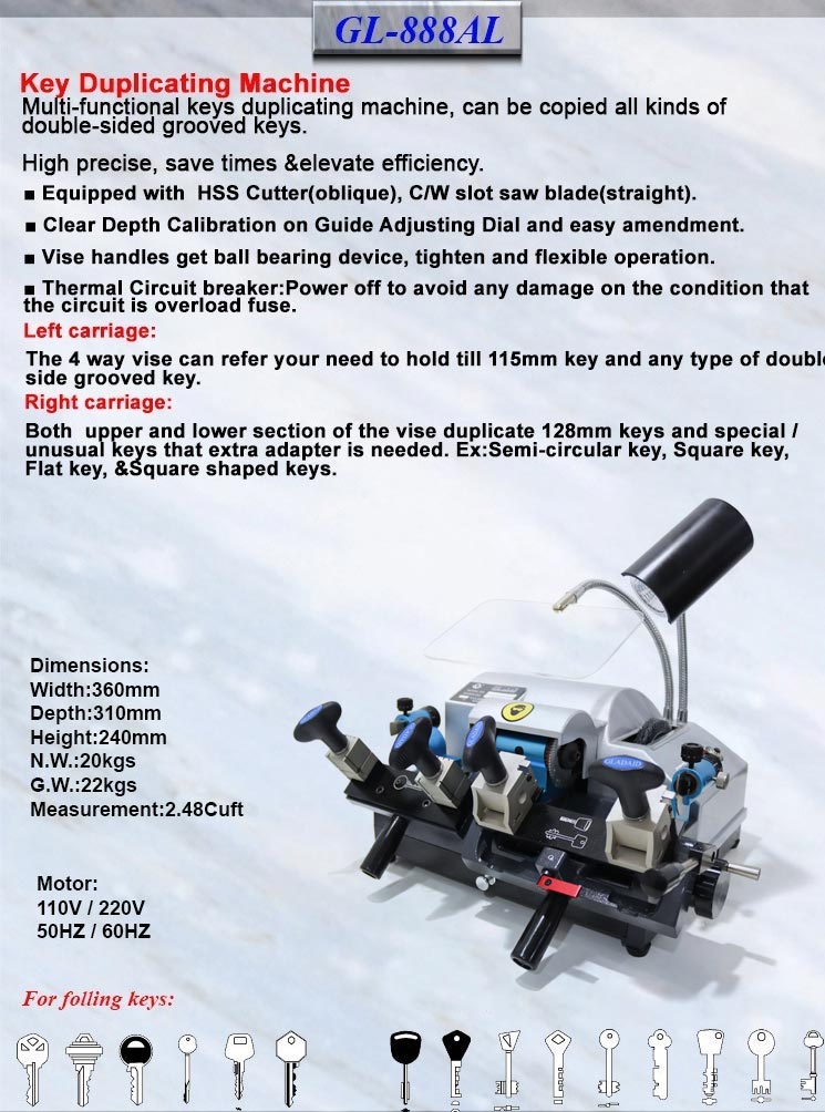 GLADAID GL-1089-W Taiwan Duplicating Key Cutting Machine Multi-functional keys duplicating machine, can be copied all kinds of double-sided grooved keys.