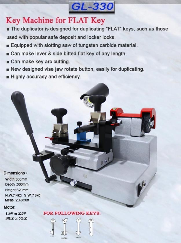 GLADAID GL-330 Taiwan Duplicating Key Cutting Machine or duplicating “FLAT” keys, such as those used with popular safe deposit and locker locks.